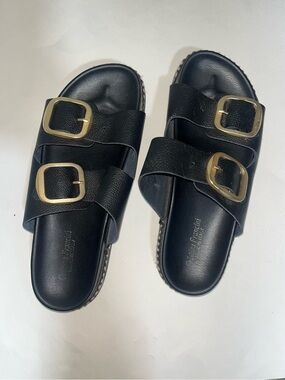 Cristina Francini Made in Italy Black Leather Double Buckle Slide Sandals US 9